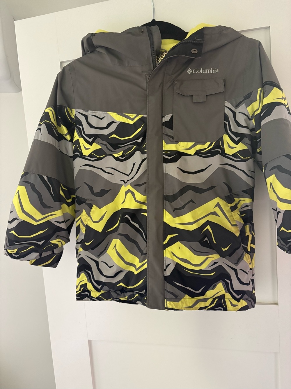 Columbia Kids Gray, Yellow & Black Patterned Insulated Hooded Puffer